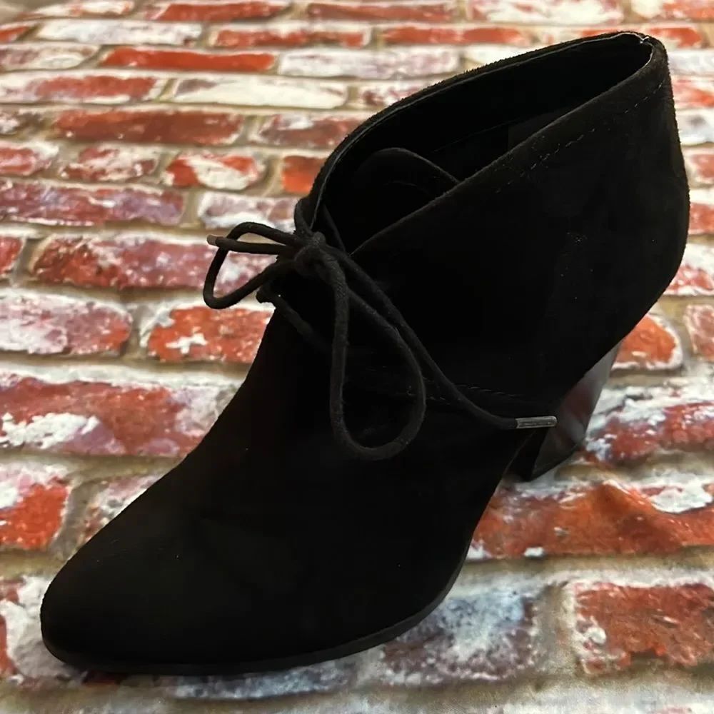 Franco Sarto, black suede booties with front tie and heel